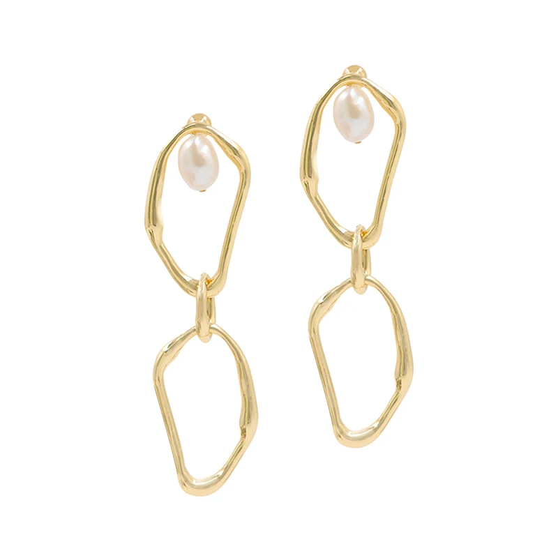 Timeless Beauty: Double Brass Rings with Freshwater Pearl Earrings